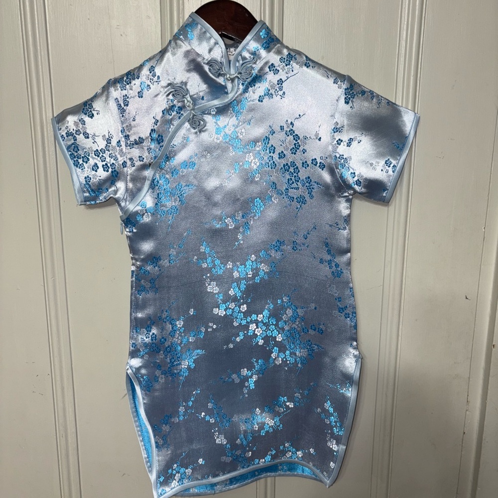 Baby Blue/Floral Silky Qipao, Chinese Dress for Girl, Cheongsam Size 8